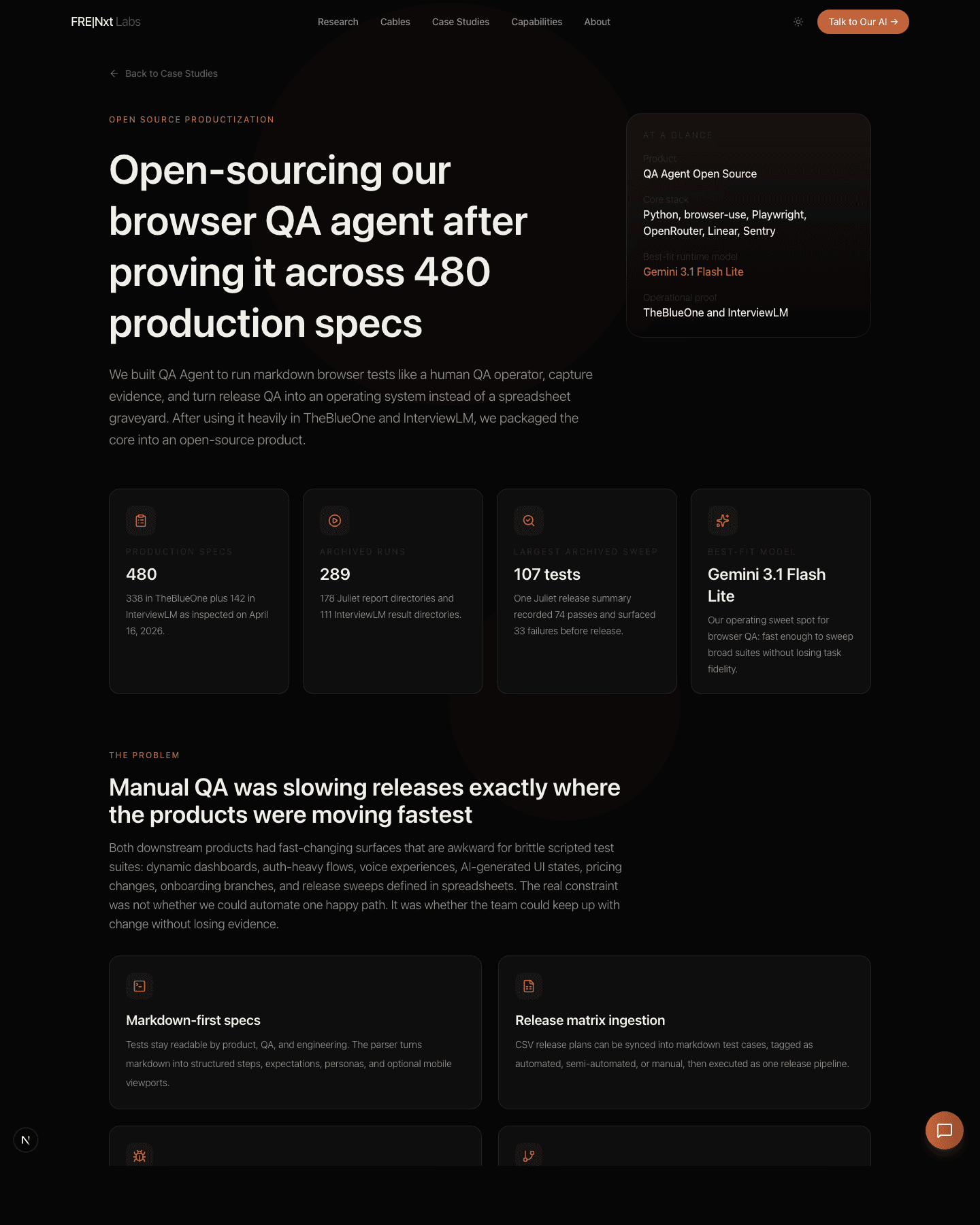Verified screenshot of the QA Agent open-source case study page in frenxt