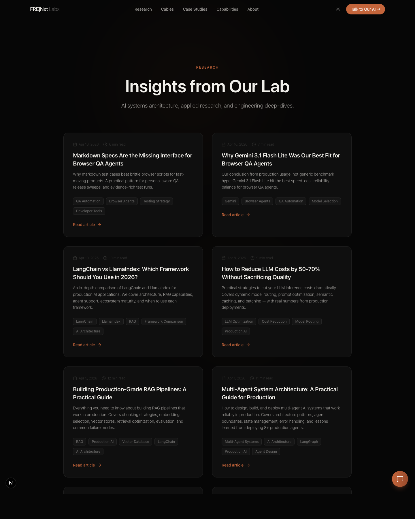 Verified screenshot of the FRE|Nxt research index showing QA Agent articles